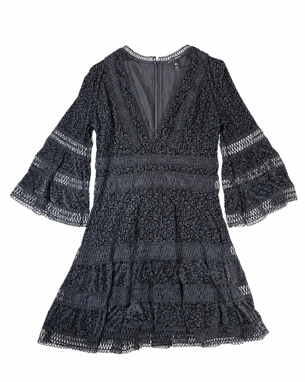 AQUA Bloomingdale’s Black Flocked Floral Bell Sleeve Fit & Flare Mini Dress S